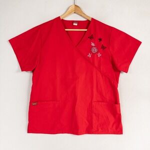 DENICE Scrub Top Womens XL Red Embroidered Flowers Butterflies Short Sleeve